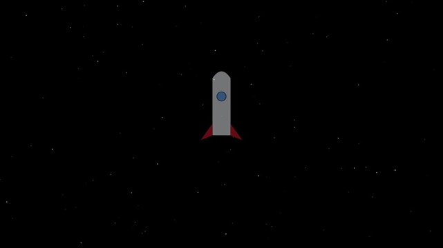 Cartoon rocket ship flying through space towards a glowing planet or sun animation 4k