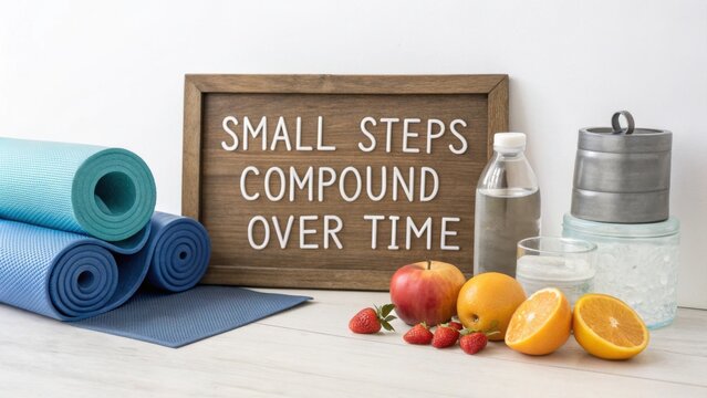 Inspirational Fitness Motivational Quote with Yoga Mats, Fresh Fruits, and Water Bottle for Wellness and Health Journey