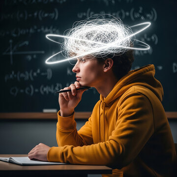 Side Profile of Mathematician with Glowing Idea Halo and Chalkboard