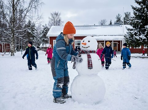 Group of Diverse Children Having Fun Building a Large Snowman Together During a Snowy Winter Day in a Schoolyard