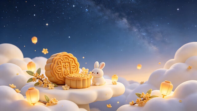 Mid Autumn mooncake and rabbit 3D illustration