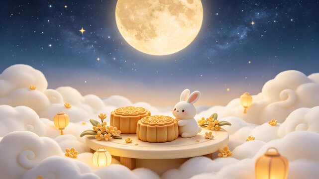 Mid Autumn mooncake and rabbit 3D illustration