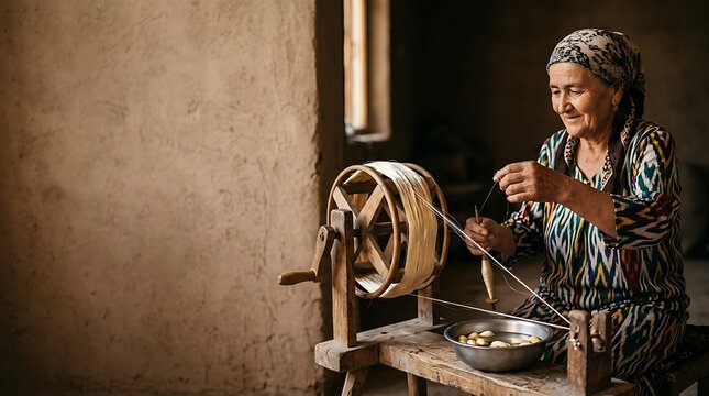 Elderly woman spinning silk thread on traditional wooden wheel