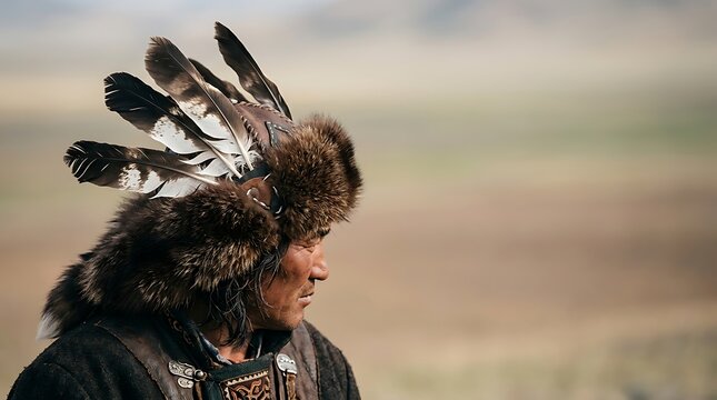 Traditional hunter wearing a fur and feather headdress in profile