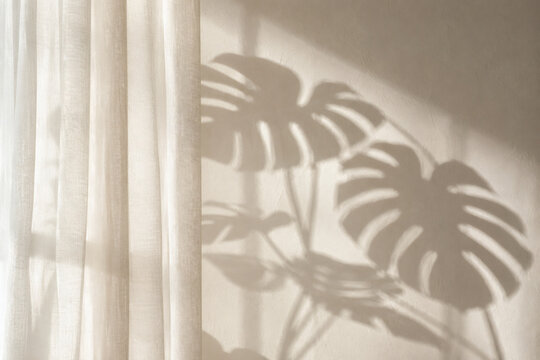 Monstera leaf shadows through white linen curtain in natural light