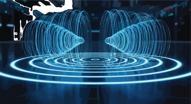 Futuristic quantum energy field vector, glowing blue electromagnetic wave background, digital frequency pulse and scientific data visualization