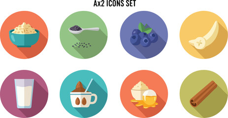 Fototapeta premium Healthy breakfast food icons set, flat vector illustrations of oatmeal, blueberries, and milk, 8 nutrition elements for menu design