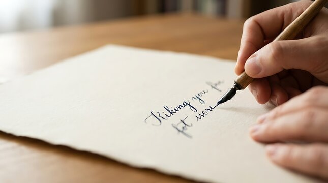 Close up of hands writing a letter with a vintage dip pen