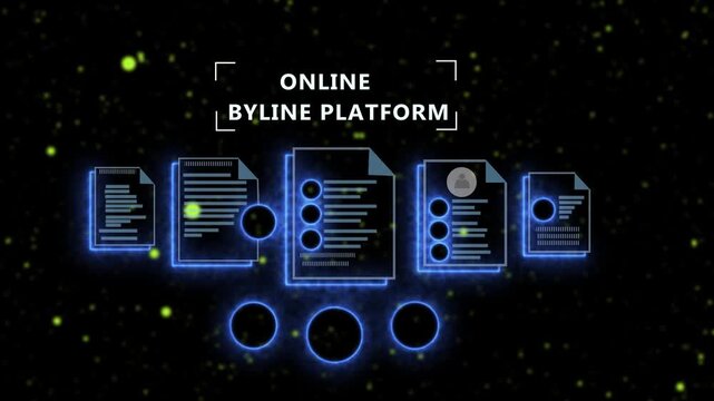 Digital online byline platform interface featuring animated glowing document and verification checkmarks for management, journalism, and secure cloud-based data workflow systems