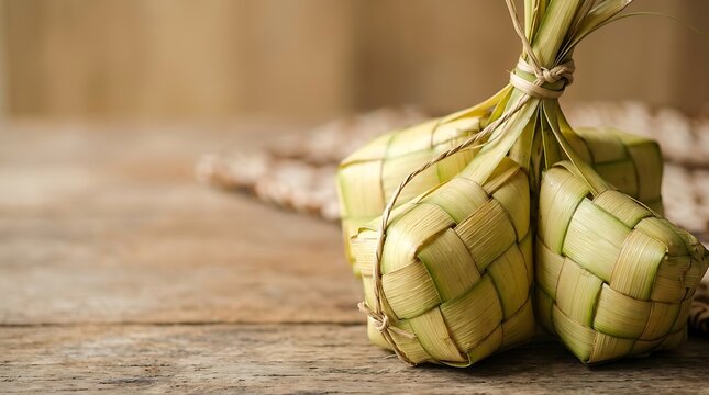 Traditional ketupat rice cakes in woven palm leaf pouches on wood