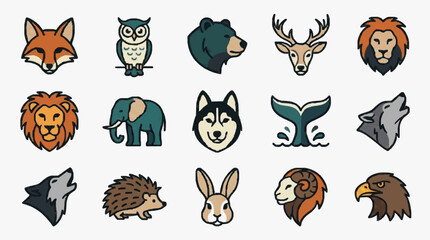 Professional Colorful Illustrated Animal Heads and Icons Set Fox Owl Bear Deer Lion Elephant Husky Whale Tail Wolf Hedgehog Rabbit Ram Eagle Art © sadil