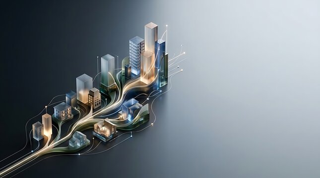 Futuristic smart city model with glowing data connection lines