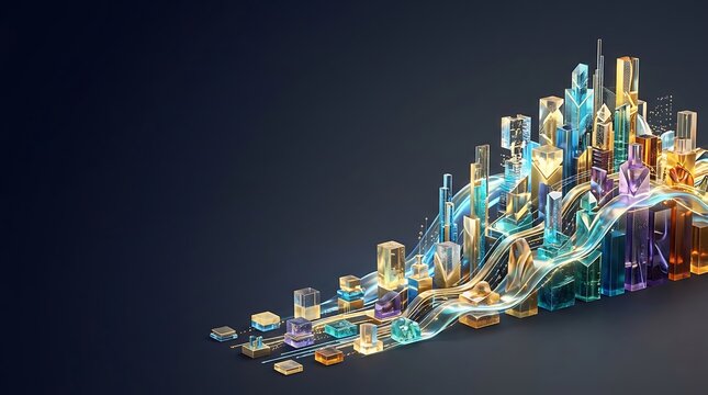 Futuristic 3d abstract digital city with glowing data trails