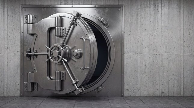 Open heavy steel bank vault door in a concrete wall