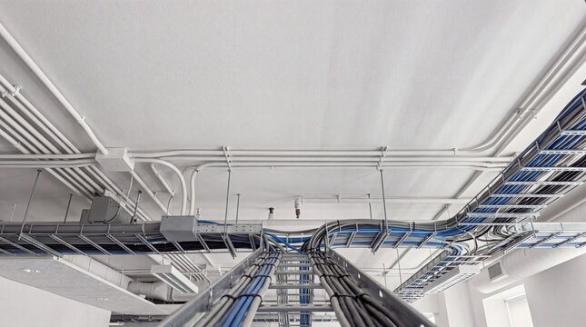 Industrial cable trays and electrical conduit piping on a modern office ceiling