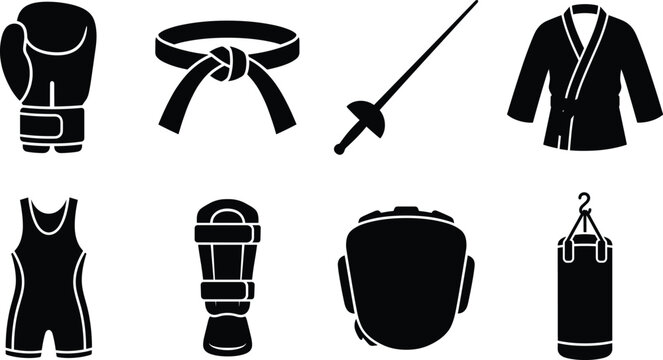 Flat vector silhouette icon set of combat sports and martial arts equipment on white background