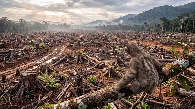 A lone sloth perched on a fallen branch looking out over a vast area of rainforest deforestation and land clearing