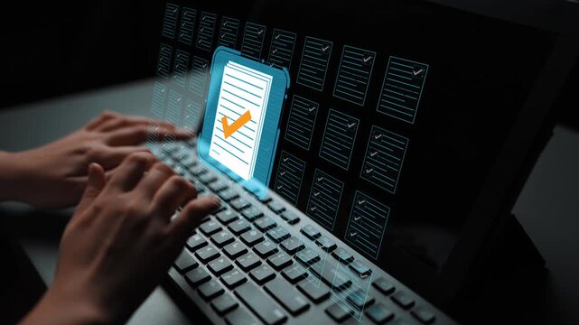A person engages with digital documents and checklists on a sleek computer interface, showcasing modern technology for productivity and task management in a workspace environment. Entropy.