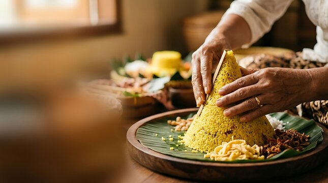Hands shaping traditional yellow tumpeng rice on banana leaf