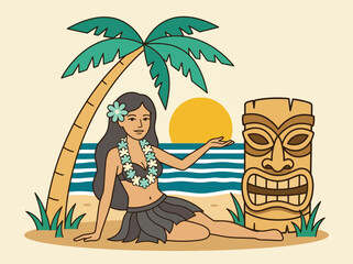 Retro Hawaiian Hula Girl and Tiki Mask on Tropical Beach at Sunset Vector Illustration © upin