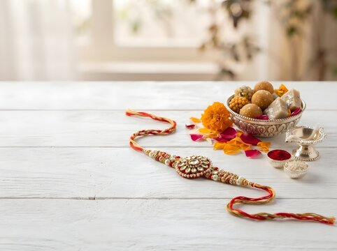 Decorative rakhi bracelet with traditional sweets and flowers on a wooden table surface