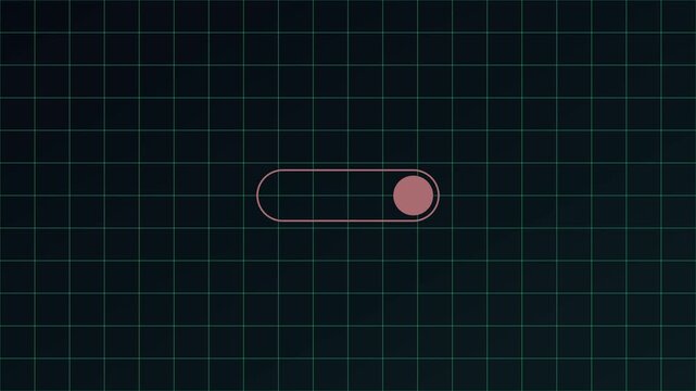 Digital toggle switch ui animation: on and off interaction on dark grid 4k background, interface