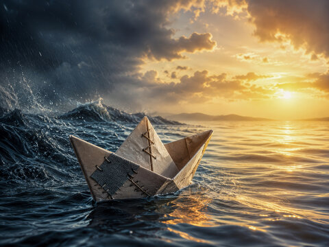 Paper Boat Facing Stormy Sea
