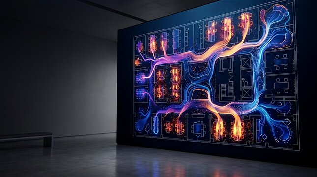 Digital architectural data visualization on large wall screen