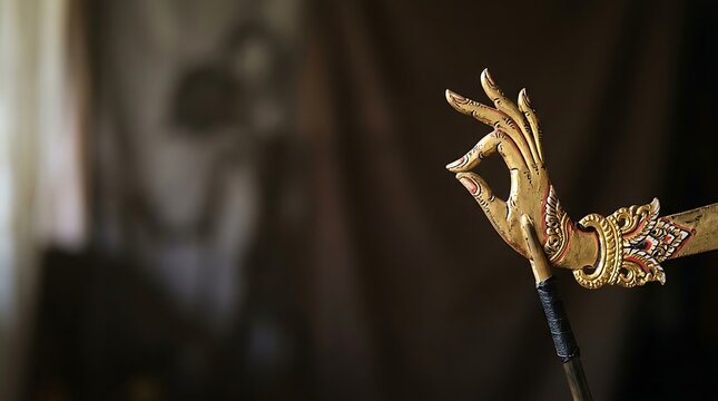 Close up of a golden carved hand from a traditional shadow puppet