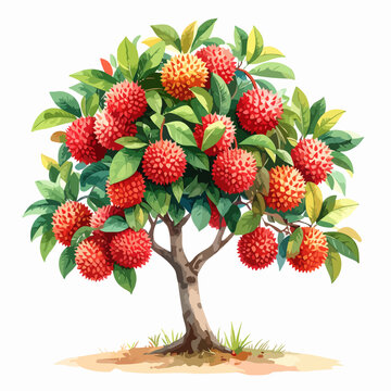 Watercolor painting of a lychee tree laden with ripe red fruit.