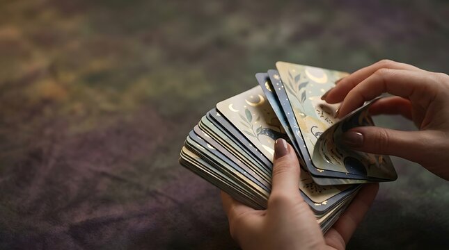 Hands holding a deck of mystical oracle cards for divination