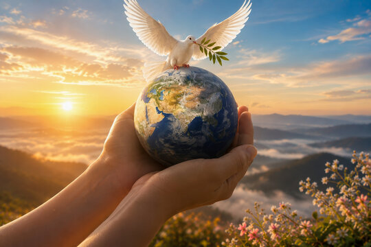 Hand Holding Earth With Dove Of Peace