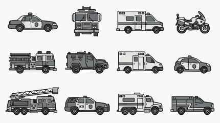 Professional Grayscale Icons Set of Emergency and Rescue Vehicles Including Police Cars Fire Trucks Ambulances and Motorcycles © Saydul