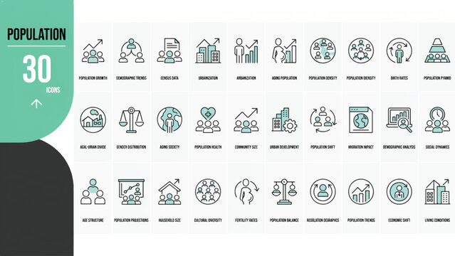 Comprehensive Collection of Population and Demographic Data Line Icons for Sociology and Statistics Analysis