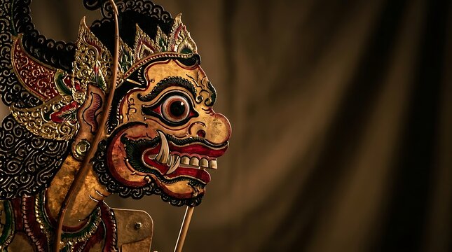 Intricately carved traditional javanese wayang kulit shadow puppet