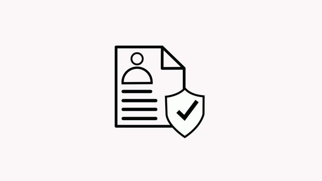 Personal identity data is secure animated icon. Shield protection and profile, people, person, human and member document with check mark animation video for authentication, safe, security. 4k 