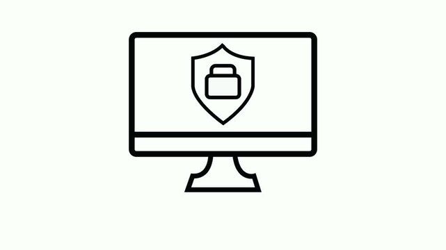 Digital security animation showing a computer monitor protected by a shield and padlock icon, representing cybersecurity, data privacy, and online protection.4k animation video