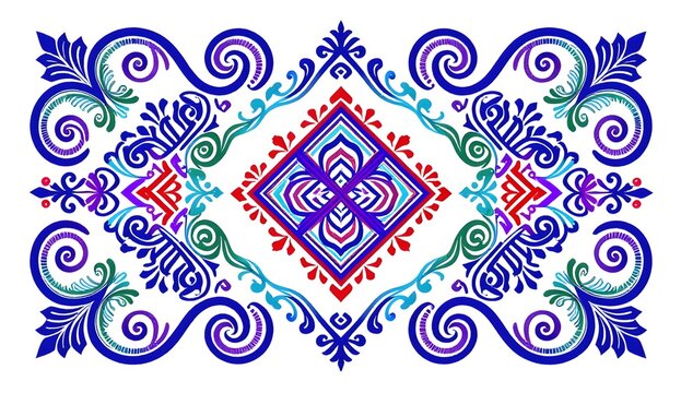 Premium vector illustration of an original Hmong-inspired textile pattern featuring geometric motifs, spirals, floral elements, and vibrant colors. Transparent background, scalable, perfect for fabric