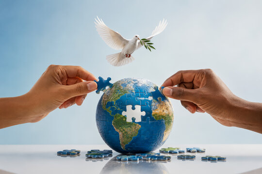 Hands Completing Earth With Puzzle Pieces