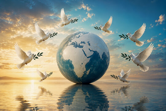 White Doves Flying Around Planet Earth