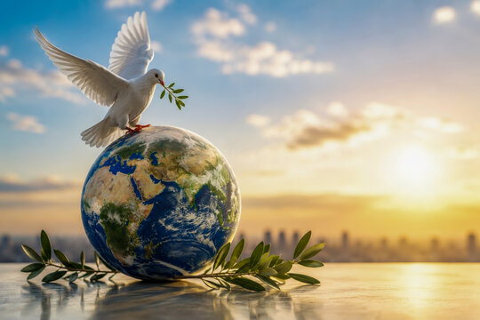 Dove Carrying Olive Branch Above Earth