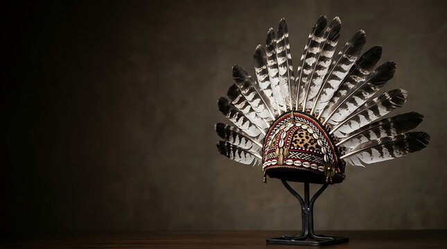 Ornamental tribal feather headdress displayed on a stand
