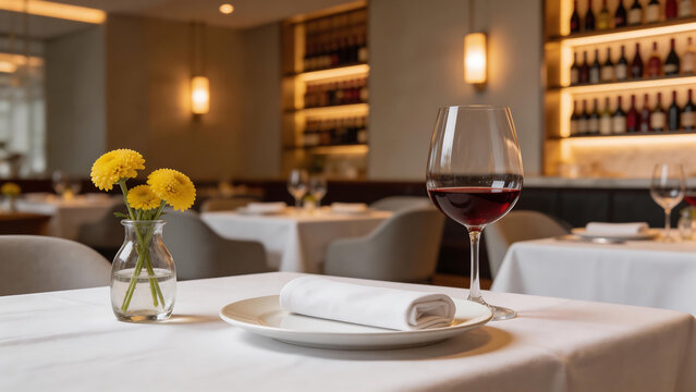 Elegant restaurant table setting with wine