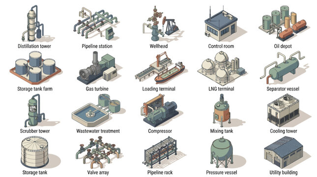Comprehensive illustration of oil and gas refinery infrastructure with various processing units and storage facilities