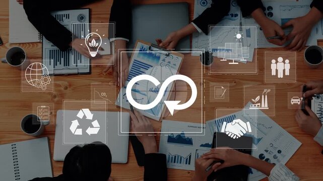A dynamic business meeting showcasing teamwork and collaboration. Professionals analyze data and discuss sustainable practices in a modern office environment. Raster