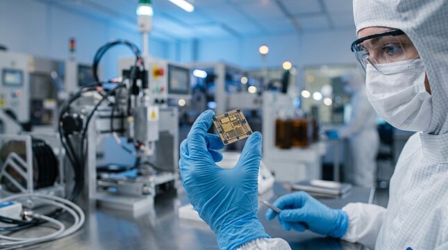 Semiconductor Engineer Holding CPU Microchip in Cleanroom Laboratory