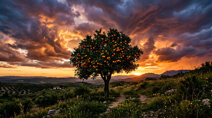 Fototapeta premium Vibrant orange tree standing on a grassy hill under a dramatic sunset sky with rolling hills and distant mountains in the peaceful countryside horizon