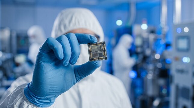 Semiconductor Engineer Holding CPU Microchip in Cleanroom Laboratory