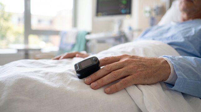 Close Up of Hospital Patient Wearing Pulse Oximeter During Recovery