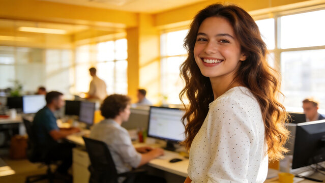 Smiling woman in office with colleagues